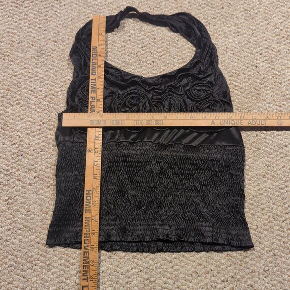 Y2K Vintage Wet Seal Halter Top Medium Black Satin Rosette Smocked Goth Vamp - Picture 2 of 6
